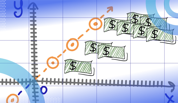 A hand-drawn graph depicting an x- and y-axis with drawings of dollars climbing alongside a rising plotted line.