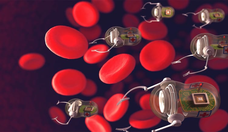 Microbots deployed in a bloodstream surrounded by red blood cells.