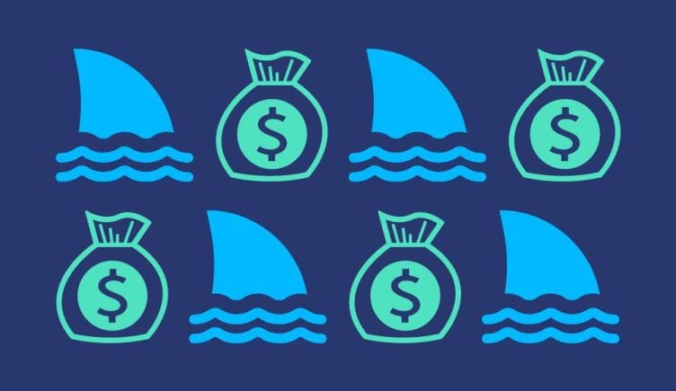 shark fins next to money bag icons on a navy background