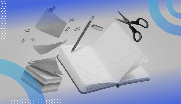 3D renderings of a notebook, pencil, paperclips, scissors, and sticky notes. /marketing/4-headline-tips