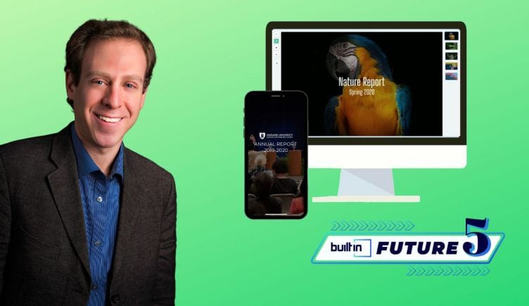 Yearly co-founder and CEO Josh Kligman next to a product example on a green background
