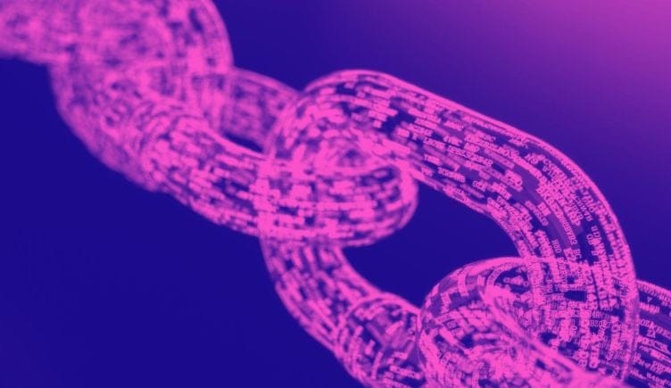 Blockchain cybersecurity pink chain on purple background.