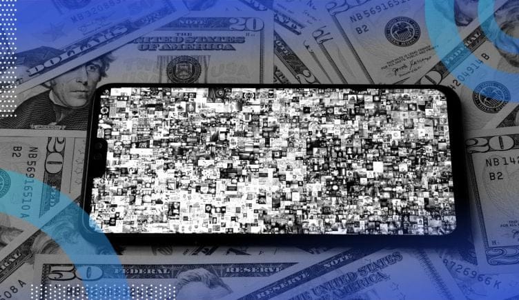 A smartphone displays numerous small images on top of a pile of money