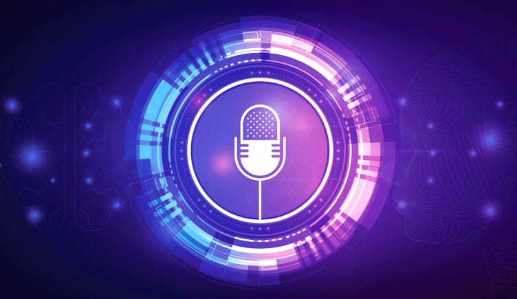 A mic icon surrounded by AI podcast icons such as a brain and face made of software.