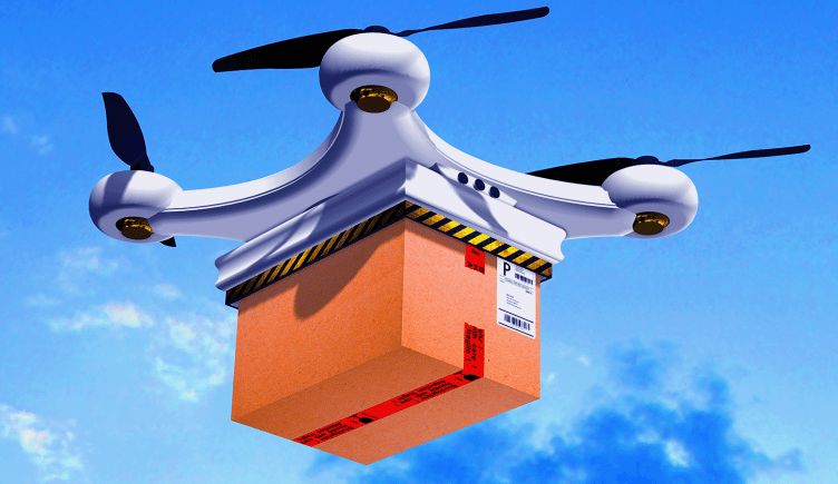 A drone carrying a package during a delivery.
