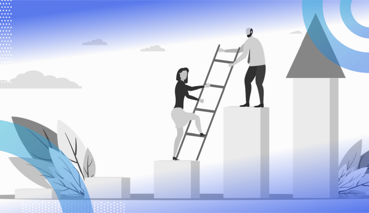A cartoon of a figure standing on a pedestal holding a ladder for another figure on a lower pedestal. There are a series of pedestals designed to look like a bar chart with increasing values right to left. /career-development/4-reasons-keep-learning-development-upskilling-budget