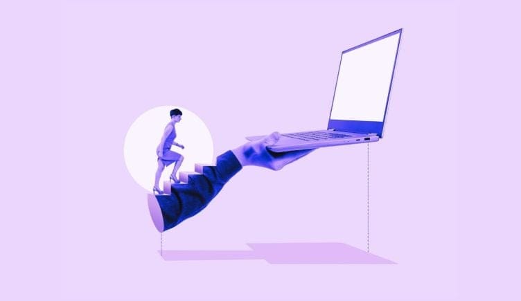 person climbing stairs to computer to represent recruiter certification