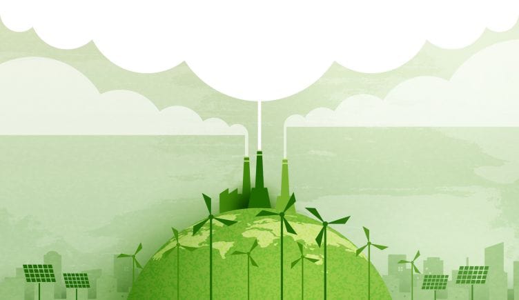 A green eco-friendly cityscape background with greentech solutions below and pollution above.