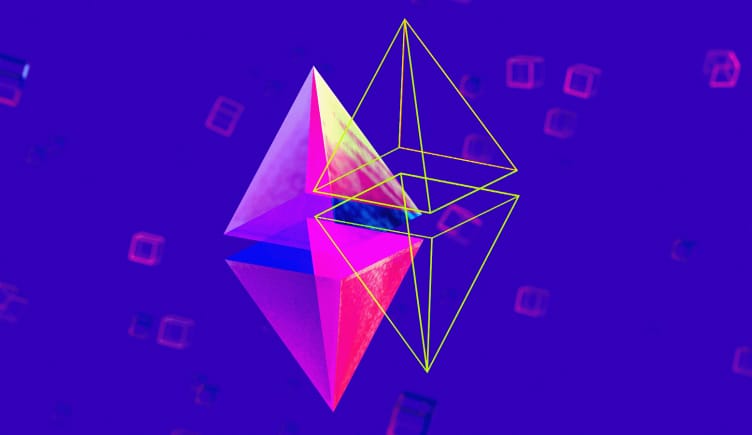 Two Ethereum logos merging into each other.