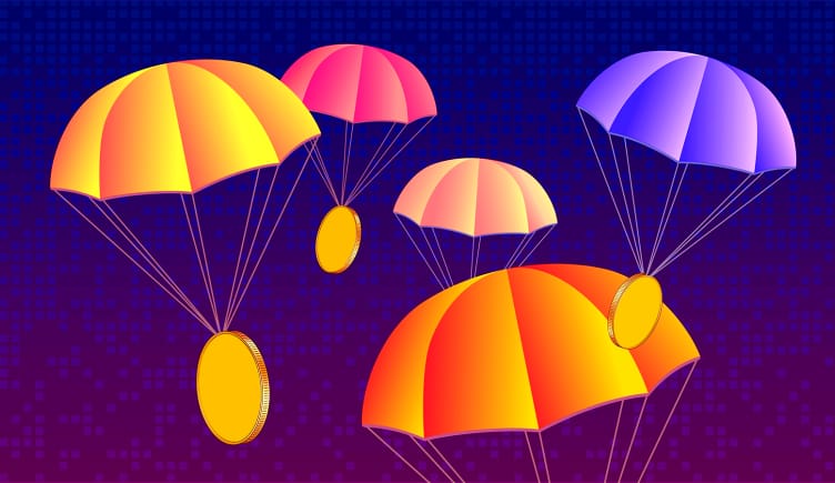 Cryptocurrency tethered to parachutes during an airdrop.