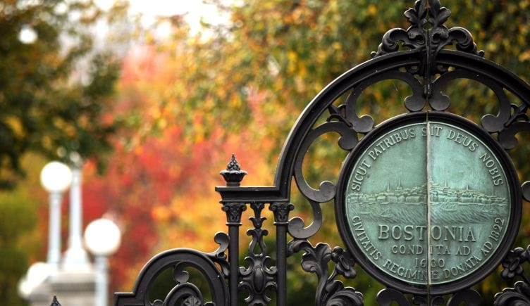 The entrance gate to Boston Public Garden with the official seal of Boston