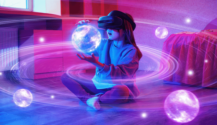 A child interacting with a virtual world while existing in a physical one.
