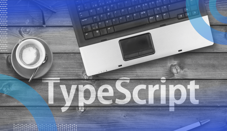 Typescript image of an open laptop on a wooden table. A latte on a saucer sits next to the laptop. Below the laptop is the word TypeScript in white letters