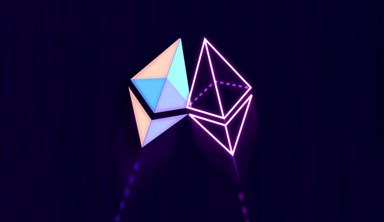 Two copies of the Ethereum logo intersecting one another.