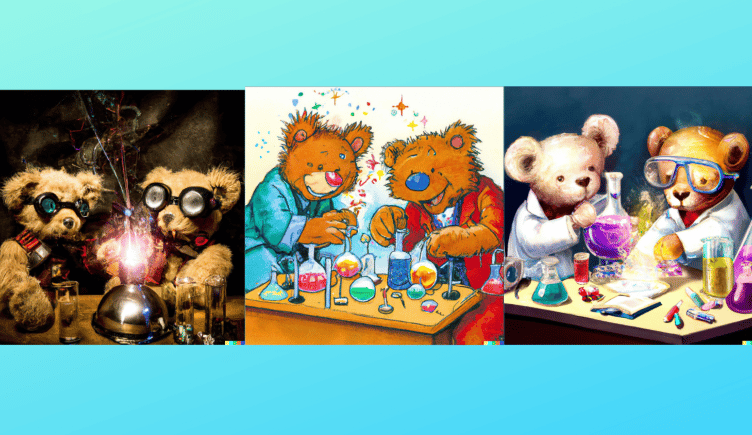 OpenAI tweeted three DALL-E 2-generated images depicting “Teddy bears mixing sparkling chemicals as mad scientists” in the style of steampunk (left), a 1990s Saturday morning cartoon (center) and digital art (right).