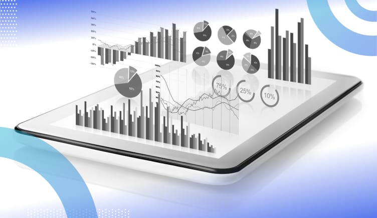 Data visualization conceptual image of a tablet with 3D graphs and charts hovering above it