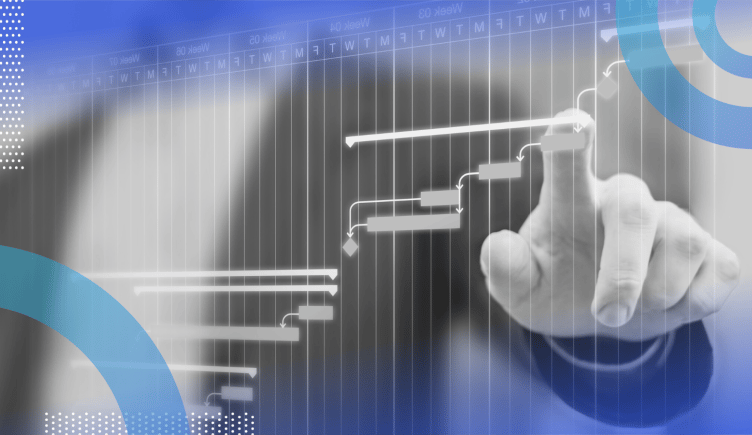 Gantt chart image of a man's hand on a clear screen drawing out a Gantt chart with his index finger