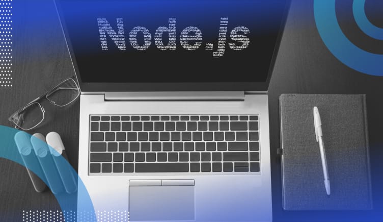 Node.js image of a Mac laptop open and the words Node.js appear on the screen. To the left of the computer you can see a journal with a pen. To the right, a pair of glasses