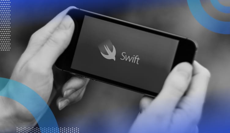 Swift image of two hands holding a smartphone in a landscape configuration. The Swift logo appears on the screen, which includes the word Swift and a bird diving down and to the left.