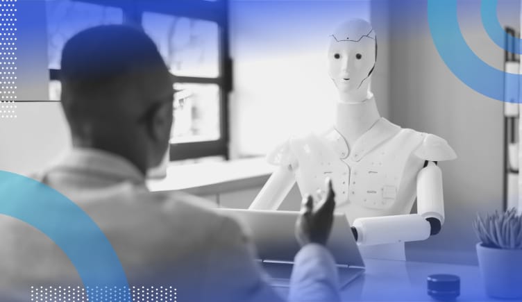 Turing Test image of a man from behind having a conversation with a white humanoid robot.