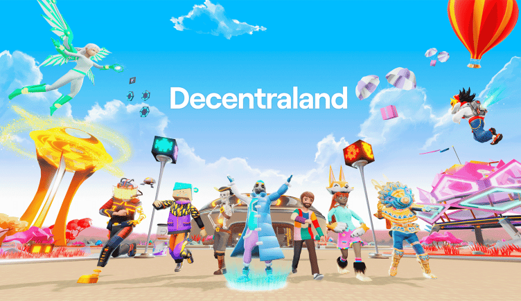 A group of Decentraland users gathered in a public square created in Decentraland.