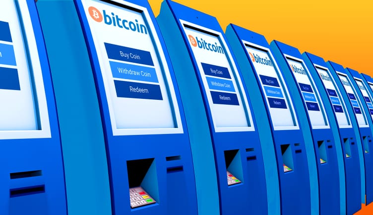 A row of Bitcoin ATMs extending infinitely into the distance. 
