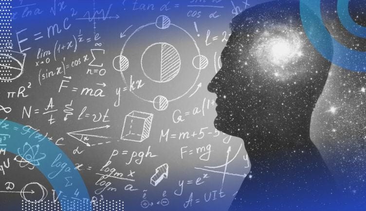 A silhouette of a human head with a light inside in front of a chalk board full of math
