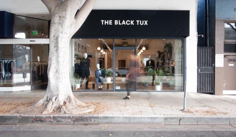 The storefront of a The Black Tux fitting room in Santa Monica, California