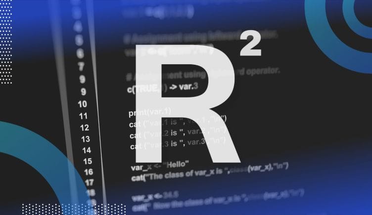 The letter R over a computer screen with python code displayed.