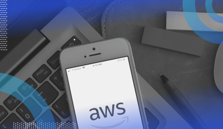 Amazon Web Services (AWS) image of a smartphone with an AWS logo on it, sitting on top of a laptop.