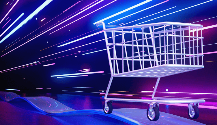 A shopping cart speeding at the cutting edge of retail innovation.