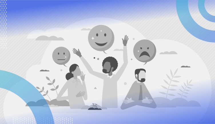 Sentiment analysis illustration of three people who each have an emoji-like speech bubble over their head. From left to right they're neutral, happy, and sad.