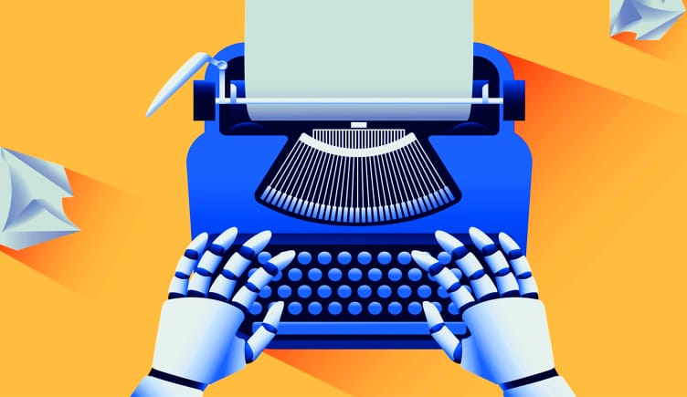 An AI generating content on a typewriter.