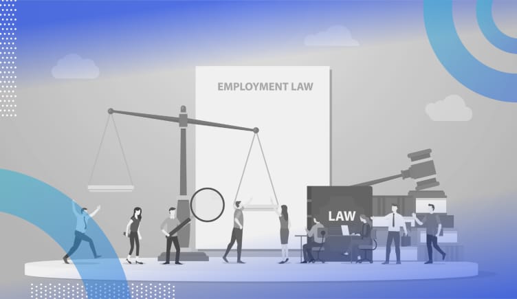 Employment law illustration of small people near justice scales, an over-sized law book, a gavel and a large white book titled Employment Law