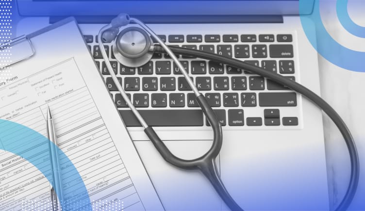 PHI protected health information image of a stethoscope and patient chart laying on top of a laptop.