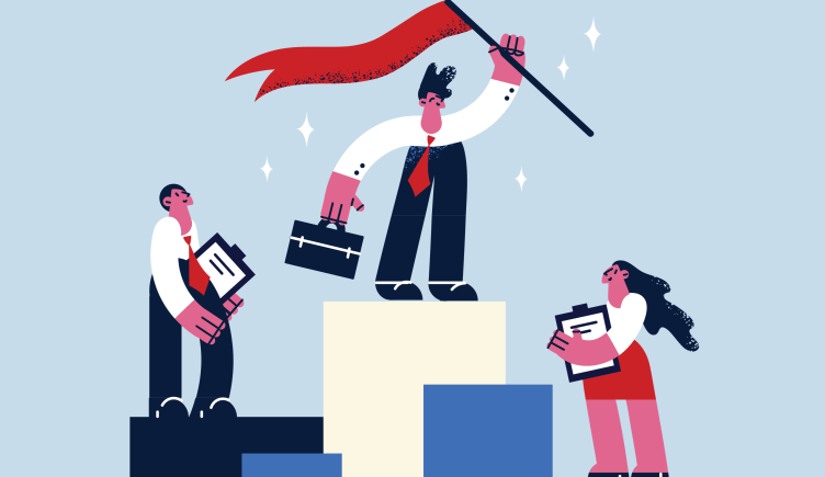 businessman on top of a pedestal carrying a flag and briefcase while coworkers look on