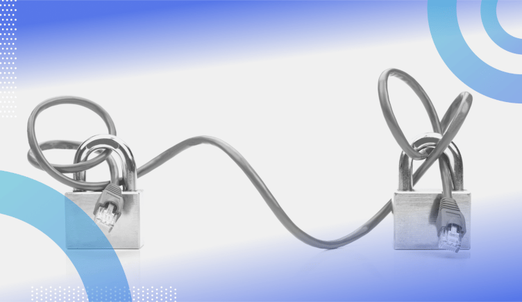 end-to-end encryption image of two padlocks sitting on either side of the picture. There is an ethernet cable tying them together.