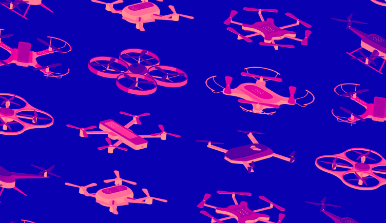 Different types of drones flying in a group.
