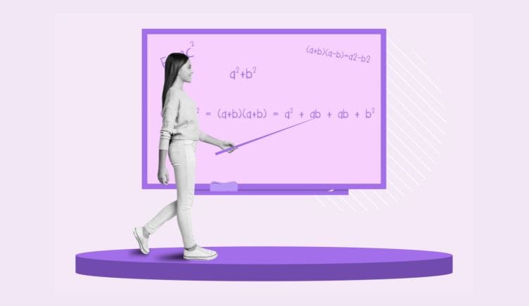 A teacher points at a math equation on a chalkboard.