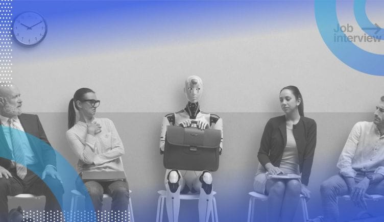 A group of people look angrily at a robot as they await a job interview