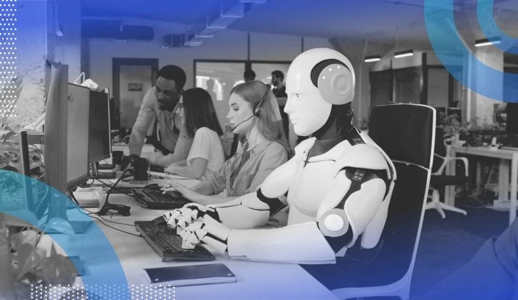 A robot works in an internet cafe alongside humans