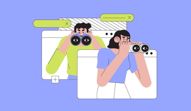 A cartoon drawing of two people looking through binoculars against a purple background with internet browsers.