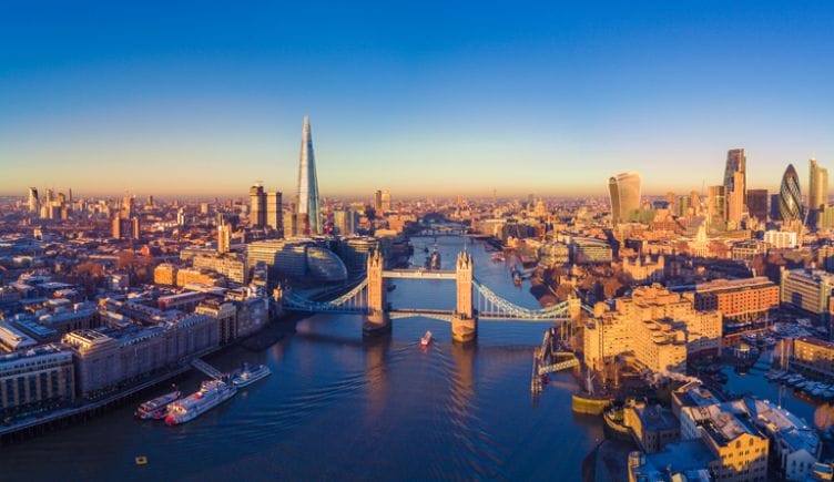 A panoramic view of London and the River Thames in the United Kingdom.