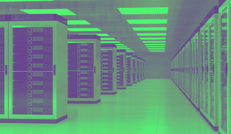 A 3D rendering of a data center with servers and a green filter on top