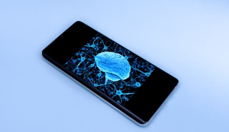 blue brain displayed on a mobile phone screen