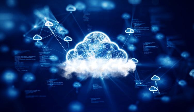 digital art of small cloud nodes connecting to a central cloud icon