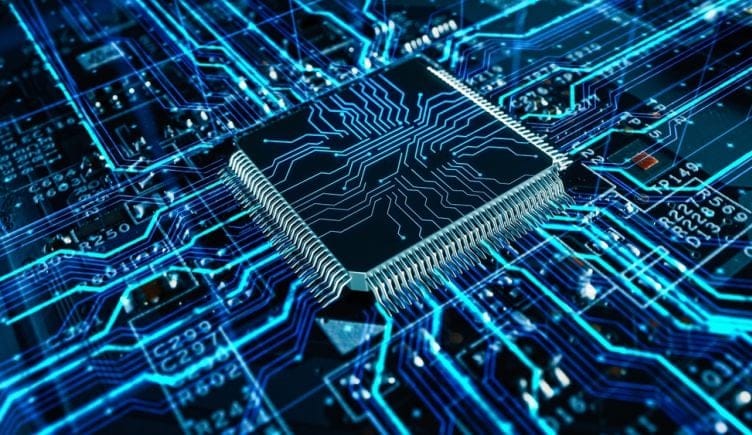 An illustration depicts a close up of a circuit board and a microchip.
