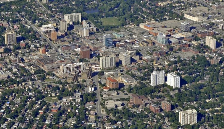 An aerial view of Waterloo in Ontario, Canadia.