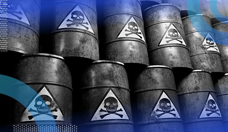 Barrels of toxic waste marked with skull-and-crossbones