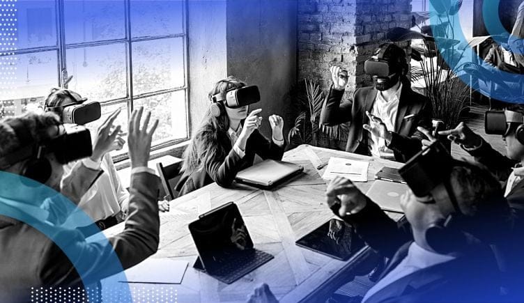 A group of business people using VR headsets in a meeting.